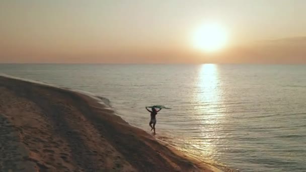 Slim sportig kvinna körs ensam i tidig morgon på Seacoast. Utsikt från luften — Stockvideo