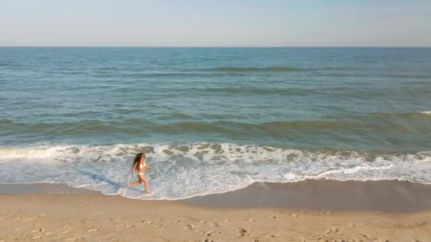 Стройная спортивная женщина бегает одна ранним утром на побережье. Вид с воздуха — стоковое видео
