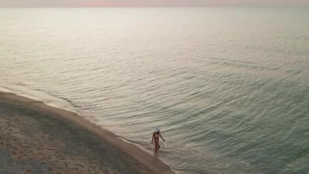Ince sportif kadın deniz kıyısında sabahın erken saatlerinde tek başına çalıştırılır. Havadan görünüm — Stok video
