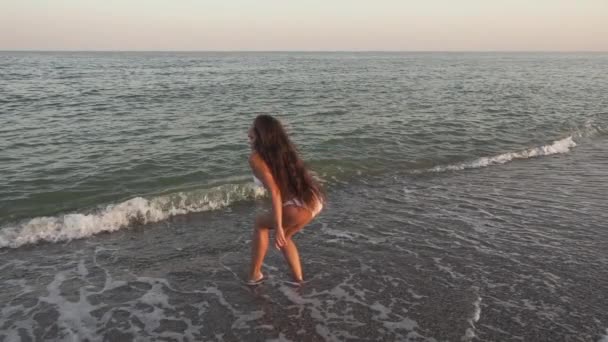 Een vrouw ontwikkelt haar in de wind tegen de achtergrond van de zee. — Stockvideo