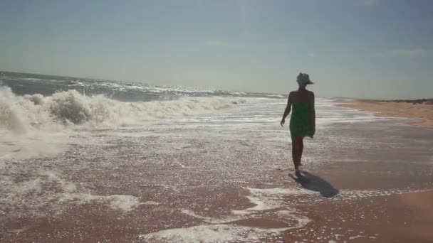 Playa bikini mujer despreocupada caminar en la libertad diversión . — Vídeos de Stock