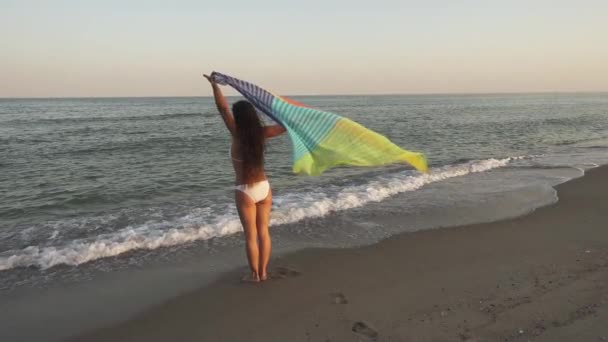Štíhlá mladá žena tančí na pláži při západu slunce. — Stock video
