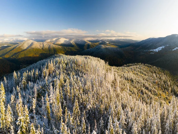 AERIAL: Vuelo sobre niebla Bosques coloridos otoñales. Drone Vista en las colinas brumosas con follaje vibrante en otoño. Paisaje impresionante, estética de otoño e invierno . — Foto de Stock