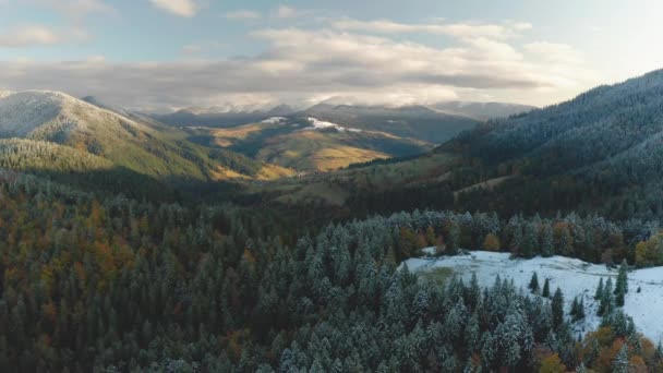 Φθινόπωρο δάσος και χιονισμένο βουνό το φθινόπωρο ή το χειμώνα. — Αρχείο Βίντεο