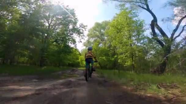 Anak laki-laki mengendarai sepeda di jalan di hutan. Jalan di taman musim semi. — Stok Video