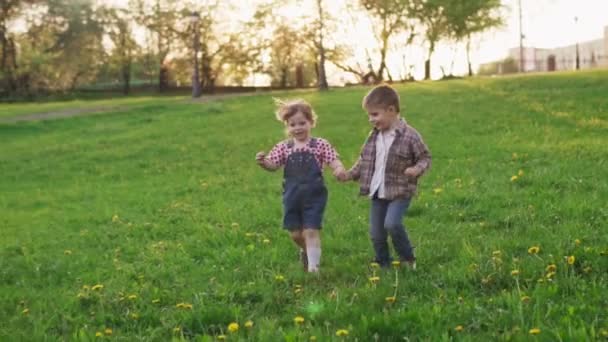 Милі маленькі діти тримаються за руки і бігають разом на траві в парку — стокове відео