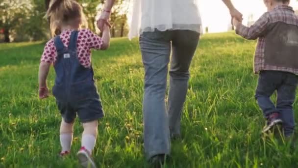 Moeder en kinderen hand in hand en lopen samen op gras bij zonsondergang — Stockvideo