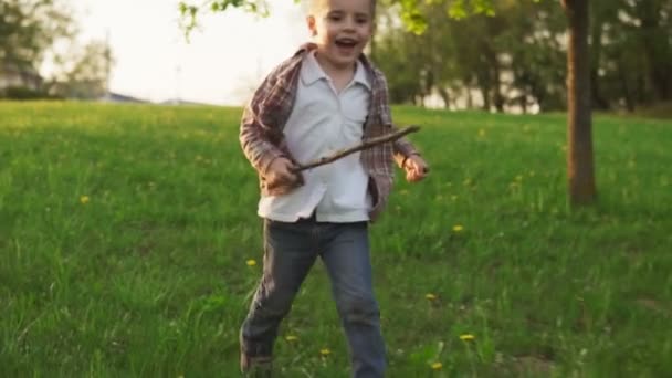 Счастливый маленький мальчик бежит по траве в солнечном летнем парке — стоковое видео