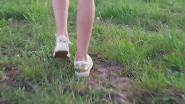 Jambes de petite fille marchant sur l'herbe — Video