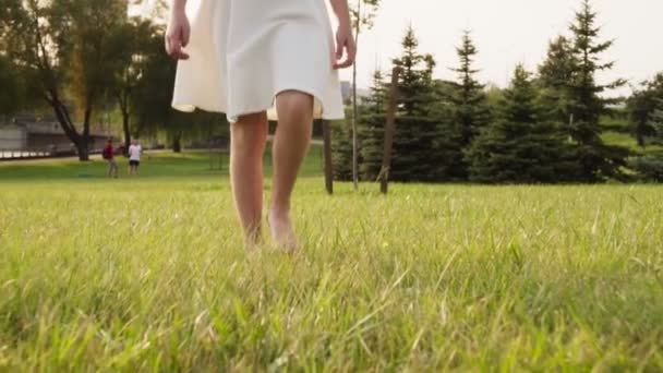 Belle petite fille va pieds nus sur l'herbe dans un parc d'été ensoleillé — Video