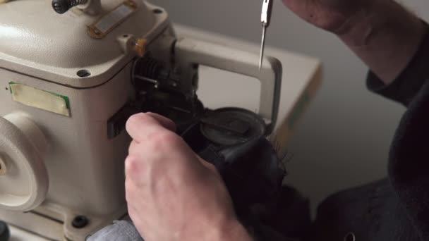 Męskie ręce krawca uszyć futro na maszyna kuśnierka — Wideo stockowe