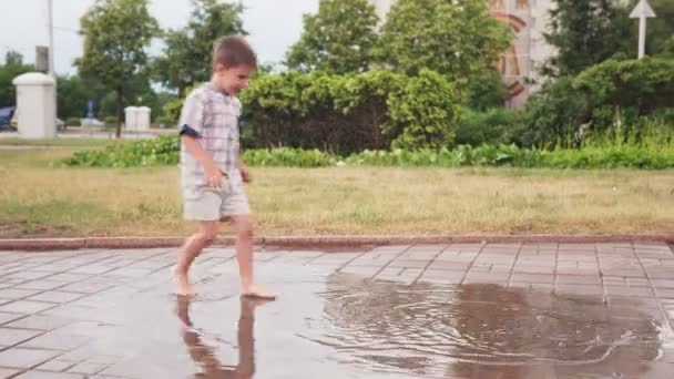 Children having fun and barefoot playing in puddle after rain in park — Stock Video