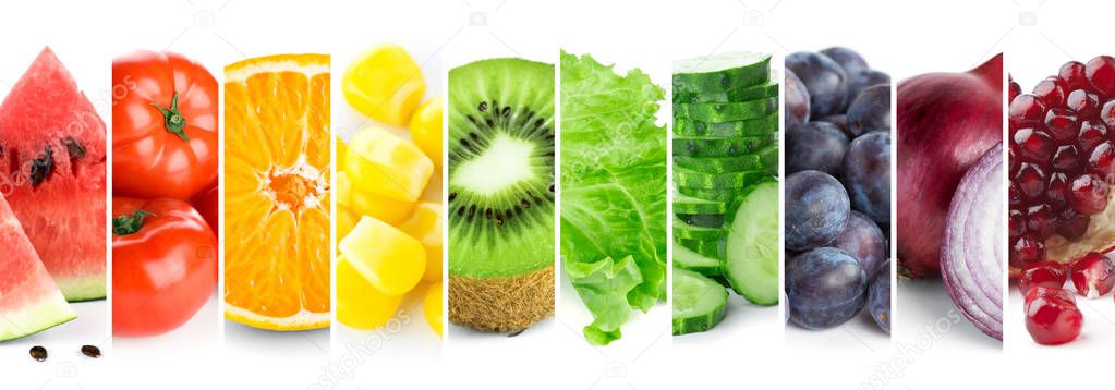 Mixed of color fruits and vegetables. Fresh ripe food. Food concept
