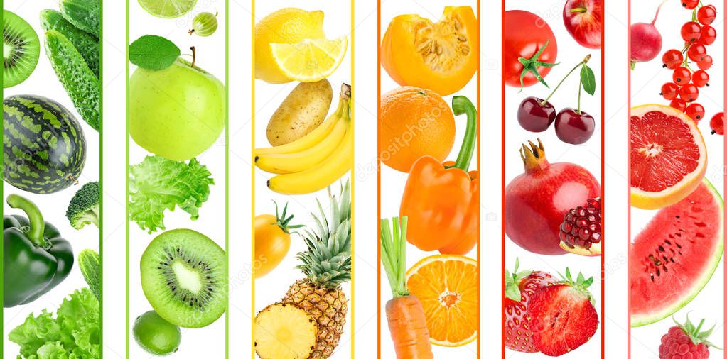 Background of color fruits and vegetables. Fresh ripe food. Food concept