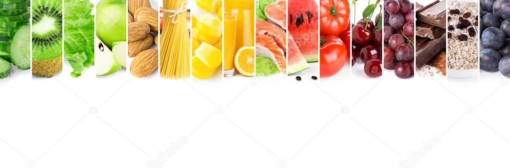 Collage of mixed fresh color ripe food. Food concept. Fruit, vegetable, chocolate, porridge, almonds, pasta, candy, orange juice, salmon.