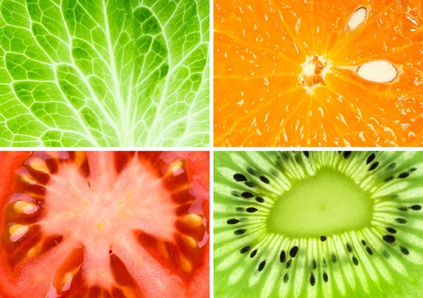 Coleção Fundo Laranja Alface Kiwi Tomate Close Frutas Legumes Frescos — Fotografia de Stock