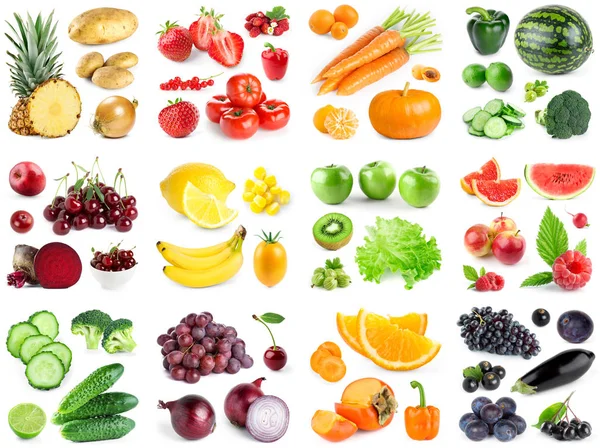 白い背景に色の果物や野菜のコレクション 新鮮な食べ物 — ストック写真