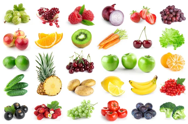 Gyűjtemény Gyümölcsök Zöldségek Fehér Háttér Előtt Friss Szín Élelmiszer — Stock Fotó