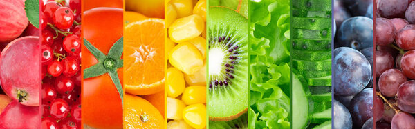 Collection of fruits and vegetables. Background of fresh color food
