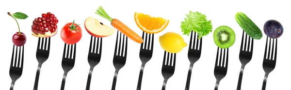 Color Fruits Vegetables Fork White Background — Stock Photo, Image