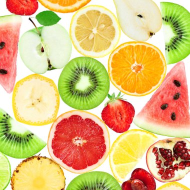 Arka plan taze karışık meyve dilimleri. Sağlıklı gıda. Meyve doku