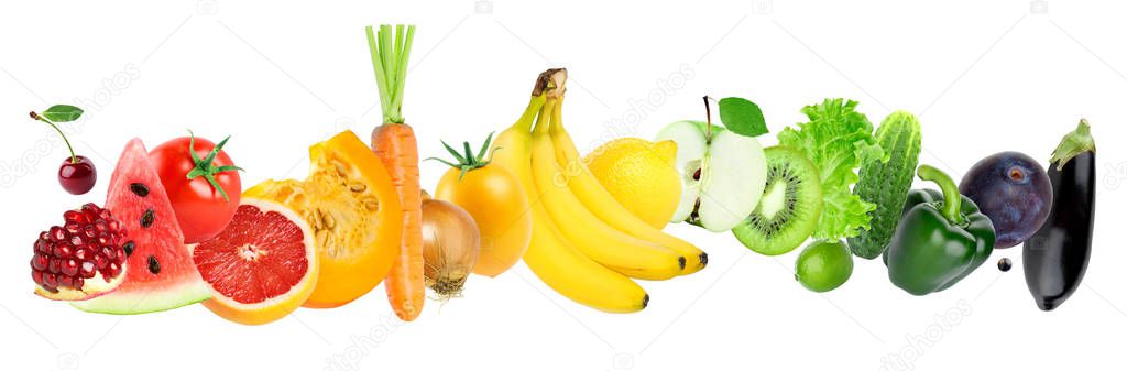 Color fruits and vegetables on white background. Food concept