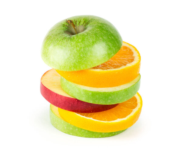 Fresh fruits. Stack of apple and orange slices on white background