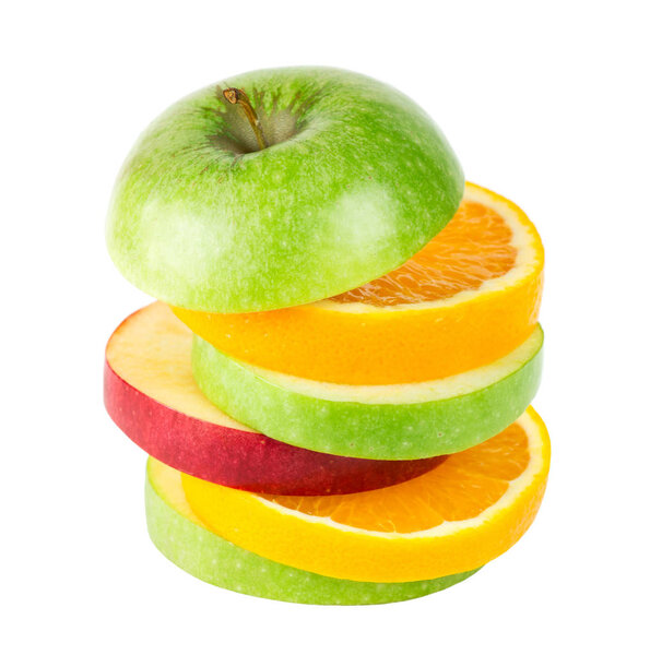 Fresh fruits. Stack of apple and orange slices isolated on white background