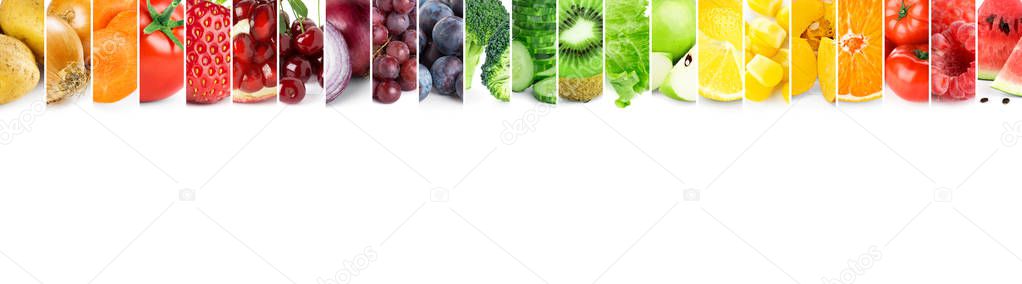 Collage of color fruits and vegetables. Fresh ripe food. Food concept