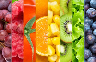 Arka plan rengi meyve ve sebze. Olgun taze yiyecek