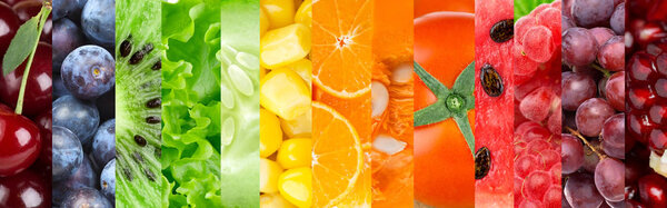 Background of fresh ripe color fruits and vegetables. Food background