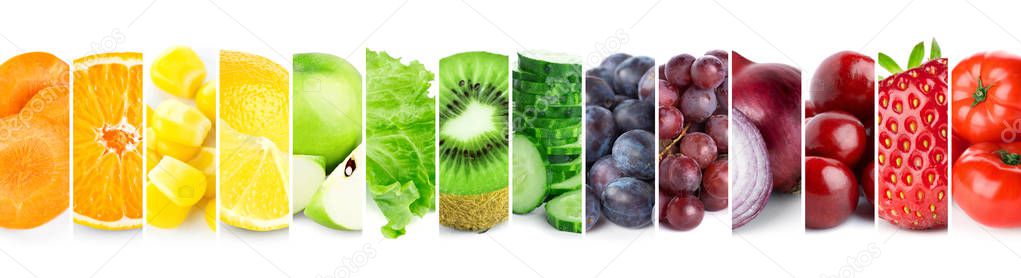 Collage of color fruits and vegetables. Fresh ripe food