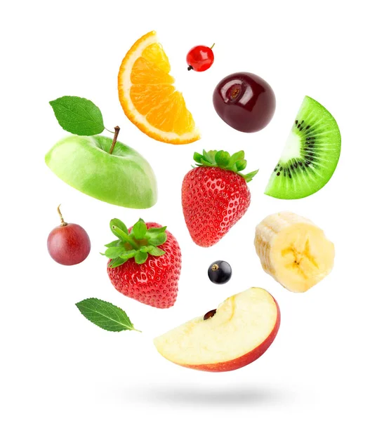 Mixed Fruits White Background Fruits Falling — Stock Photo, Image