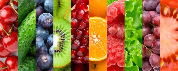 Groenten Fruit Voedselachtergrond Sinaasappel Kiwi Kers Pruimen Druiven Tomaten Komkommers — Stockfoto