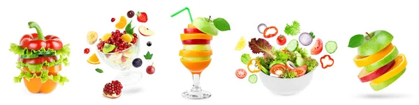 Stapelweise Obst Und Gemüse Obst Und Gemüsesalat Vitamine — Stockfoto