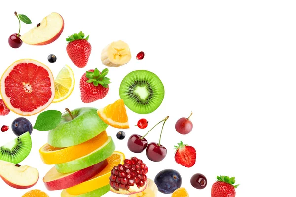 Frutas Mistas Sobre Fundo Branco Frutos Queda — Fotografia de Stock