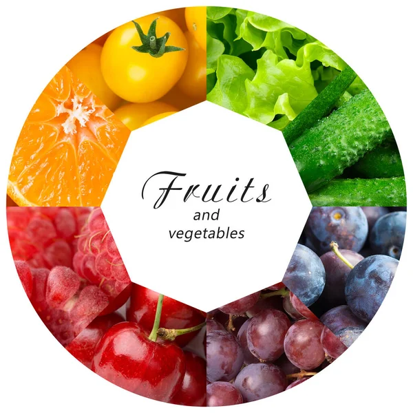 Collage Van Gemengde Groenten Fruit Verse Kleurstoffen Groenten Fruit — Stockfoto