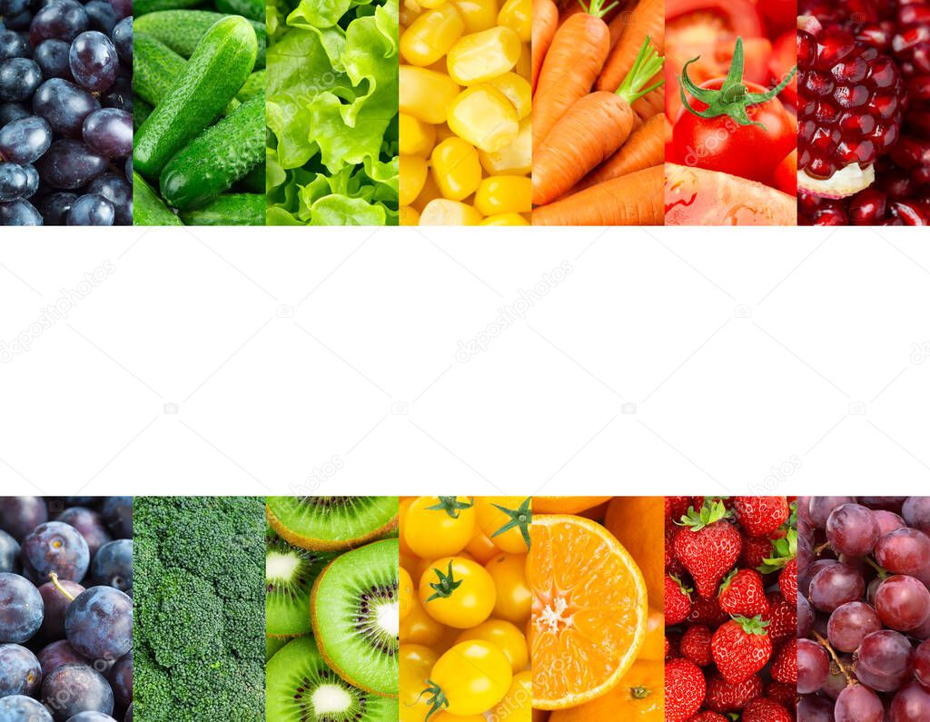 Collage of color fruits and vegetables. Fresh ripe food. Food concept