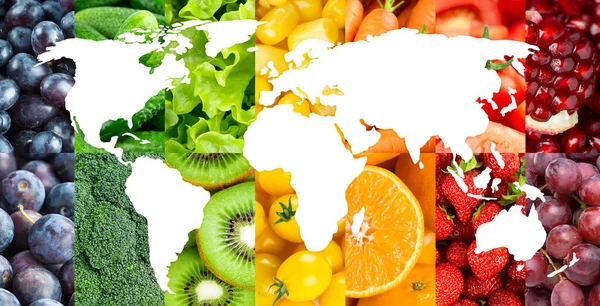 Fruits and vegetables. Food background. World map