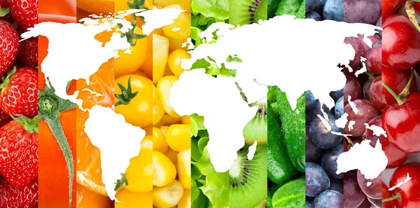 Fruits and vegetables. Food background. World map