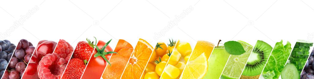 Collage of color fruits and vegetables. Fresh ripe food