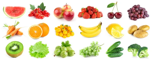 Verzameling Van Kleur Groenten Fruit Witte Achtergrond Vers Voedsel — Stockfoto