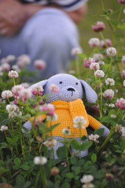 Syktyvkar, Rusya - 12 Temmuz 2018: Açıklayıcı resim. Amigurumi örgü tekniği köpek oyuncak örme