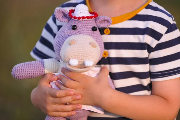 Syktyvkar, Rusya - 12 Temmuz 2018: Açıklayıcı resim. Amigurumi örgü tekniği su aygırı oyuncak örme