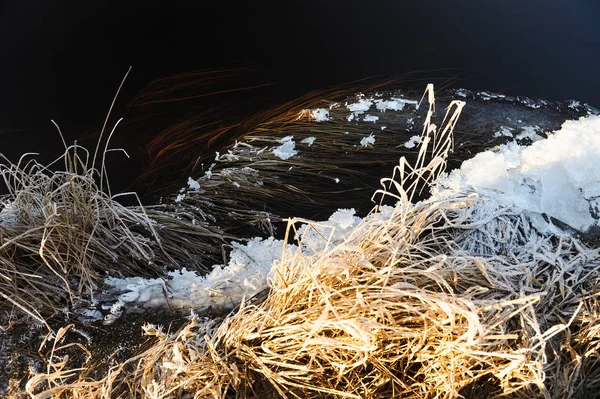 Tenké Průhledné Led Povrchu Nádrže Sušené Trávy Vzduchové Bubliny Pod — Stock fotografie