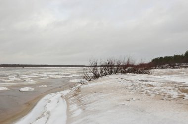 Manzara Vychegda Nehri'nin kıyısında Kasım ayı sonlarında çöl..