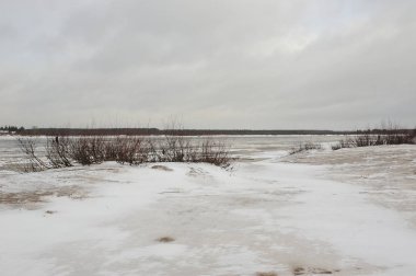 Manzara Vychegda Nehri'nin kıyısında Kasım ayı sonlarında çöl..