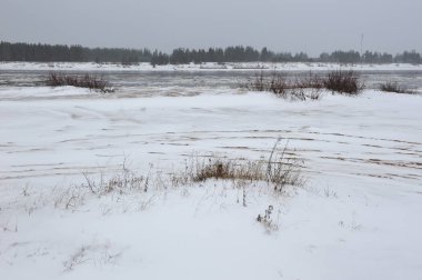 Manzara Vychegda Nehri'nin kıyısında Kasım ayı sonlarında çöl..