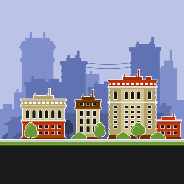 Paisaje urbano con iconos de edificios. Vector — Archivo Imágenes Vectoriales