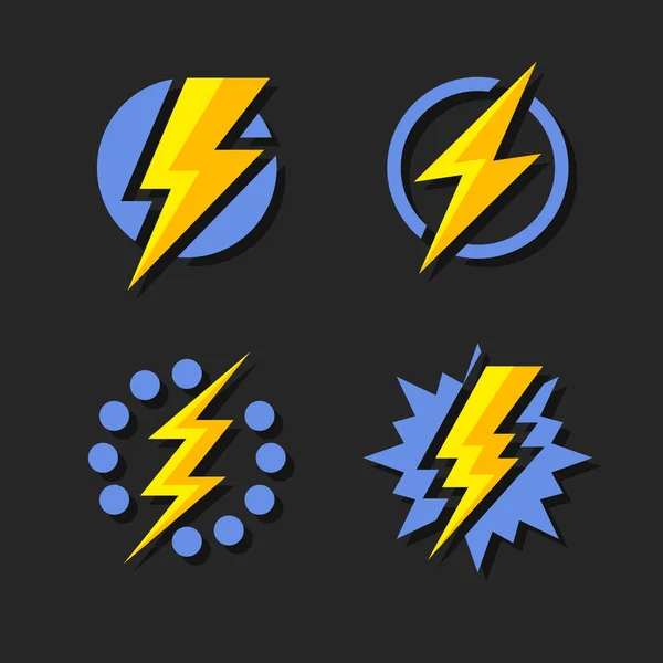 Κεραυνός και Bolt Φωτισμός Flash Icons σετ. Επίπεδο στυλ σε σκούρο φόντο. Διάνυσμα — Διανυσματικό Αρχείο